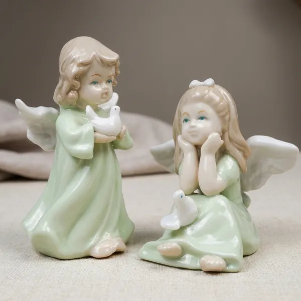 Ceramic_Angel_Figurine_Set_Green_Dress_With_White_Wings_Set_Of_2