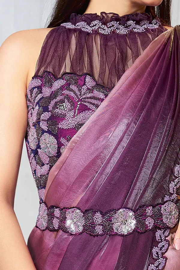 READY_TO_WEAR_TWO_TONE_SATIN_SILK_SAREE_WITH_BEADS_Work_READY_TO_WEAR_BLOUSE_&_Belt_With_Crushed_Sleeves