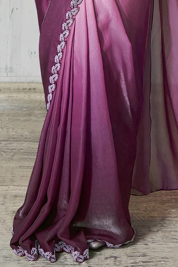 READY_TO_WEAR_TWO_TONE_SATIN_SILK_SAREE_WITH_BEADS_Work_READY_TO_WEAR_BLOUSE_&_Belt_With_Crushed_Sleeves