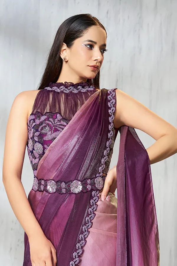 READY_TO_WEAR_TWO_TONE_SATIN_SILK_SAREE_WITH_BEADS_Work_READY_TO_WEAR_BLOUSE_&_Belt_With_Crushed_Sleeves