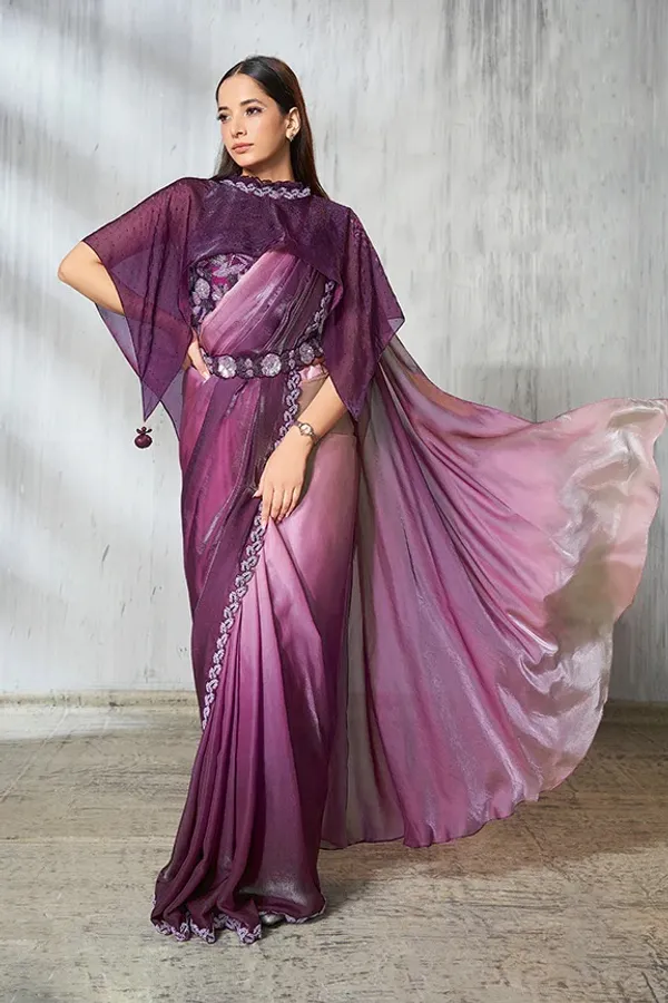 READY_TO_WEAR_TWO_TONE_SATIN_SILK_SAREE_WITH_BEADS_Work_READY_TO_WEAR_BLOUSE_&_Belt_With_Crushed_Sleeves