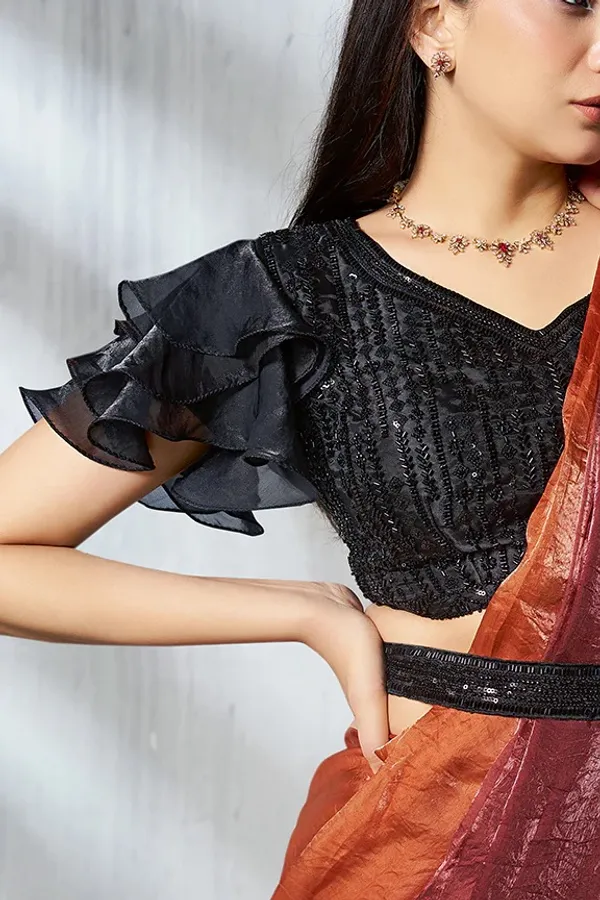 READY_TO_WEAR_TWO_TONE_SATIN_SILK_SAREE_WITH_BEADS_Work_READY_TO_WEAR_BLOUSE_&_Belt_With__Ruffle_Sleeves