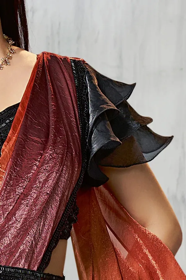 READY_TO_WEAR_TWO_TONE_SATIN_SILK_SAREE_WITH_BEADS_Work_READY_TO_WEAR_BLOUSE_&_Belt_With__Ruffle_Sleeves
