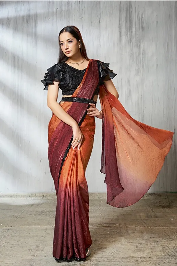 READY_TO_WEAR_TWO_TONE_SATIN_SILK_SAREE_WITH_BEADS_Work_READY_TO_WEAR_BLOUSE_&_Belt_With__Ruffle_Sleeves