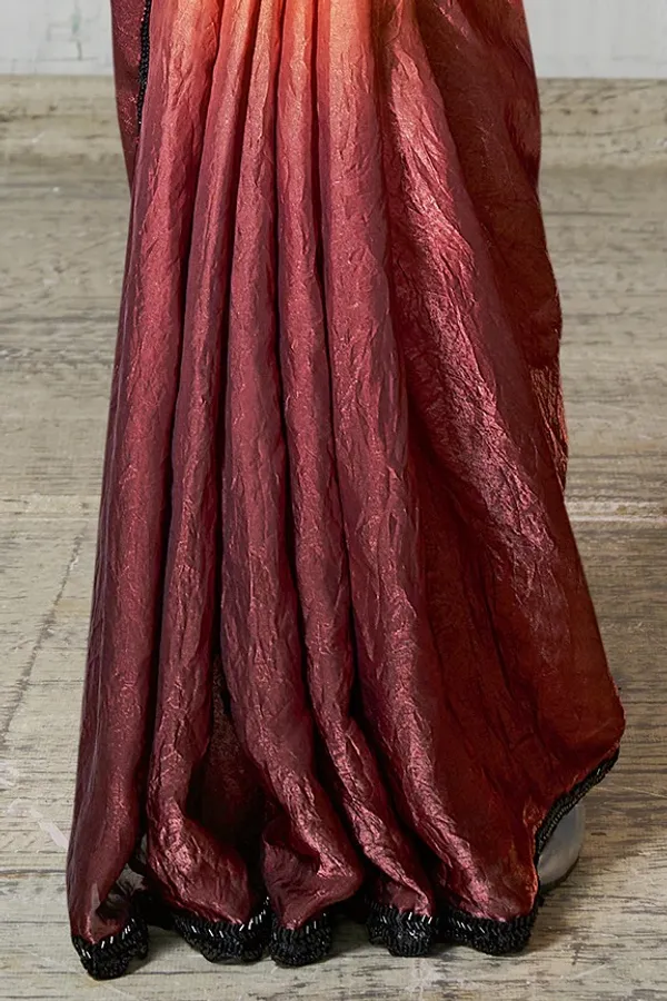 READY_TO_WEAR_TWO_TONE_SATIN_SILK_SAREE_WITH_BEADS_Work_READY_TO_WEAR_BLOUSE_&_Belt_With__Ruffle_Sleeves
