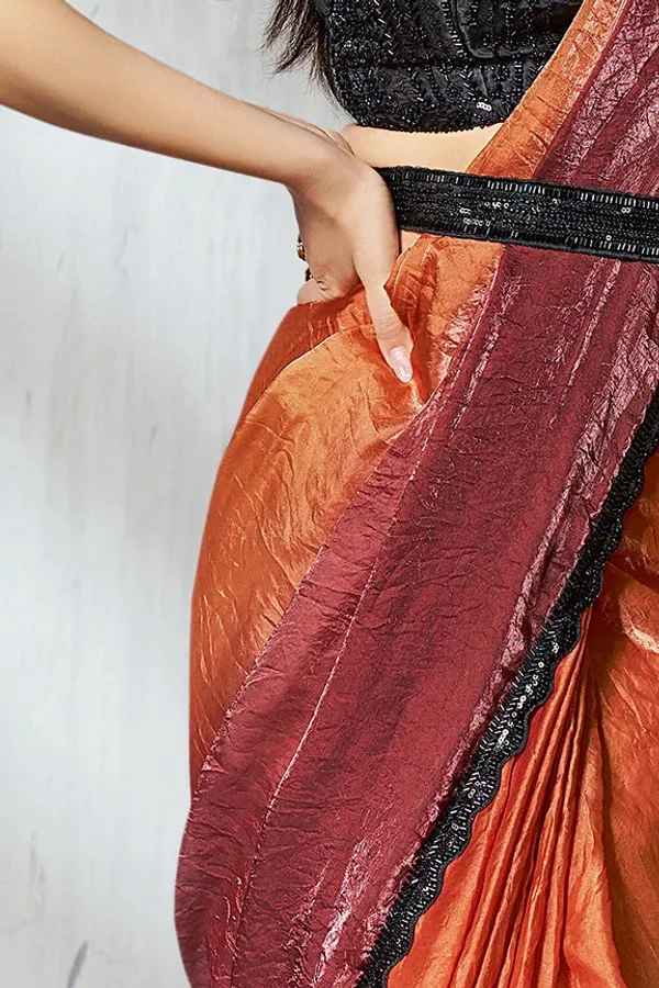 READY_TO_WEAR_TWO_TONE_SATIN_SILK_SAREE_WITH_BEADS_Work_READY_TO_WEAR_BLOUSE_&_Belt_With__Ruffle_Sleeves