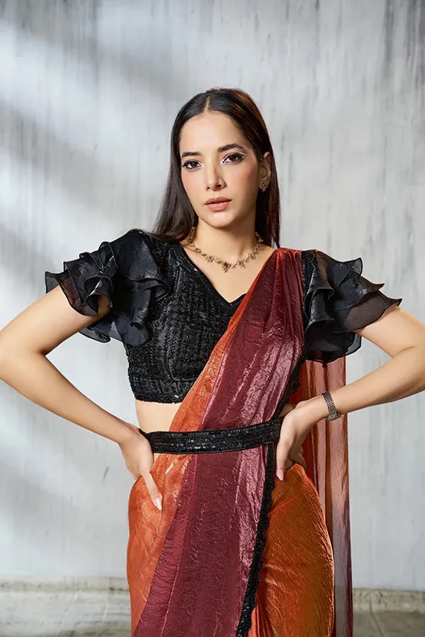 READY_TO_WEAR_TWO_TONE_SATIN_SILK_SAREE_WITH_BEADS_Work_READY_TO_WEAR_BLOUSE_&_Belt_With__Ruffle_Sleeves