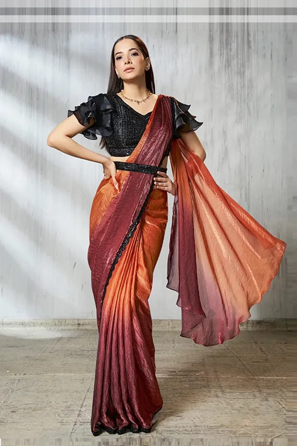 READY_TO_WEAR_TWO_TONE_SATIN_SILK_SAREE_WITH_BEADS_Work_READY_TO_WEAR_BLOUSE_&_Belt_With__Ruffle_Sleeves