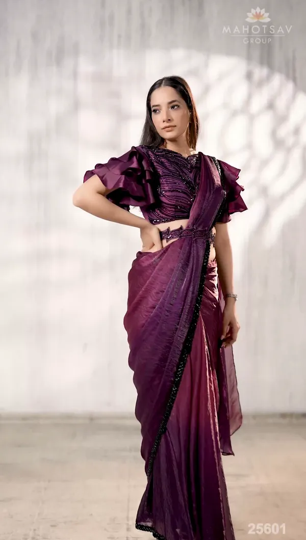 READY_TO_WEAR_TWO_TONE_SATIN_SILK_SAREE_WITH_BEADS_Work_READY_TO_WEAR_BLOUSE_&_Belt_With__Ruffle_Sleeves