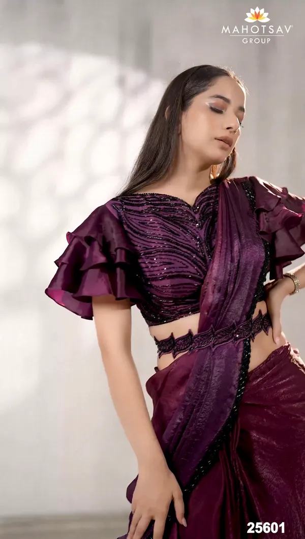 READY_TO_WEAR_TWO_TONE_SATIN_SILK_SAREE_WITH_BEADS_Work_READY_TO_WEAR_BLOUSE_&_Belt_With__Ruffle_Sleeves