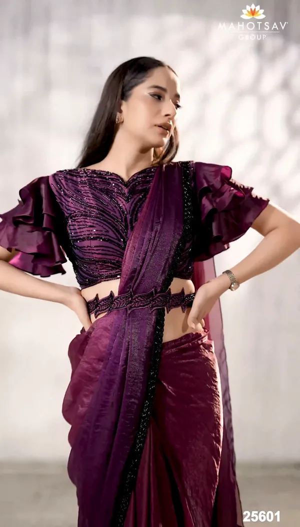 READY_TO_WEAR_TWO_TONE_SATIN_SILK_SAREE_WITH_BEADS_Work_READY_TO_WEAR_BLOUSE_&_Belt_With__Ruffle_Sleeves