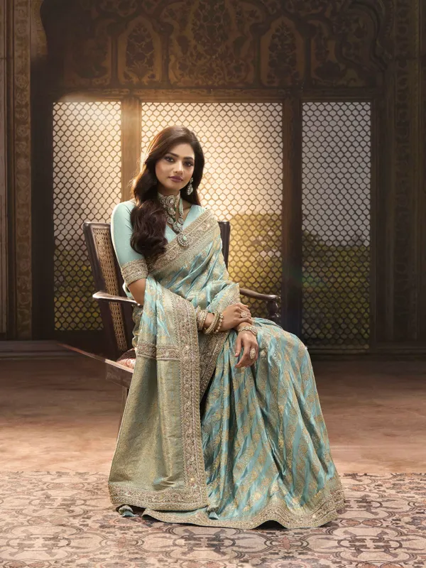 PREMIUM_SATIN_SILK_SAREE_WITH_KOLKATA_THEME_EMBRODIERY_HAND_DIAMOND_KUNDAN_WORK