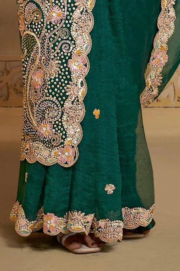 Peacock_Green_Organza_Satin_Handwork_Designer_Saree