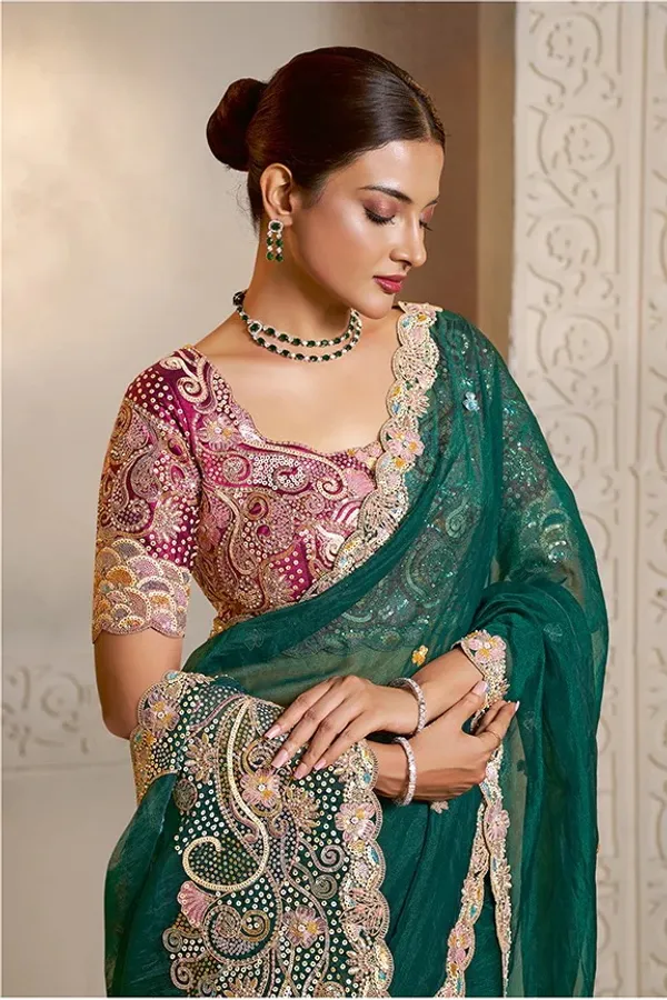 Peacock_Green_Organza_Satin_Handwork_Designer_Saree