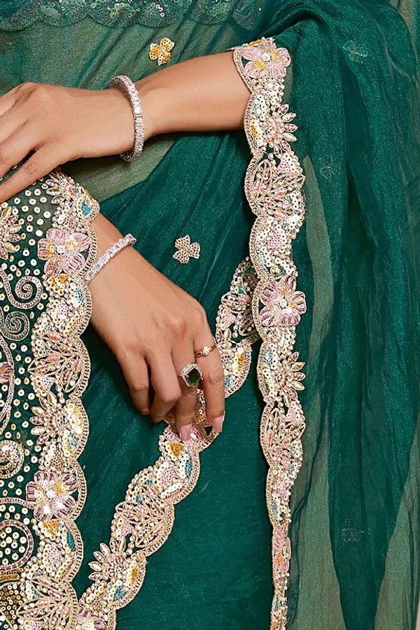 Peacock_Green_Organza_Satin_Handwork_Designer_Saree