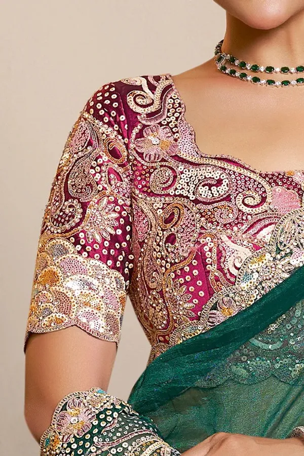 Peacock_Green_Organza_Satin_Handwork_Designer_Saree