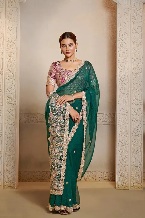 Peacock_Green_Organza_Satin_Handwork_Designer_Saree