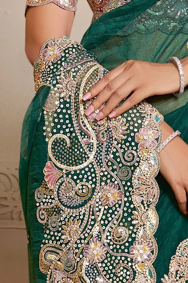 Peacock_Green_Organza_Satin_Handwork_Designer_Saree