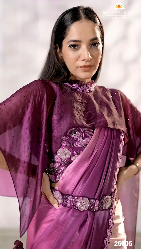READY_TO_WEAR_TWO_TONE_SATIN_SILK_SAREE_WITH_BEADS_Work_READY_TO_WEAR_BLOUSE_&_Belt_WithFANCY_PONCHO