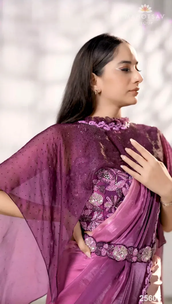 READY_TO_WEAR_TWO_TONE_SATIN_SILK_SAREE_WITH_BEADS_Work_READY_TO_WEAR_BLOUSE_&_Belt_WithFANCY_PONCHO