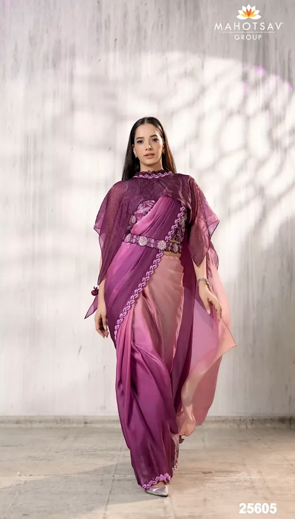READY_TO_WEAR_TWO_TONE_SATIN_SILK_SAREE_WITH_BEADS_Work_READY_TO_WEAR_BLOUSE_&_Belt_WithFANCY_PONCHO