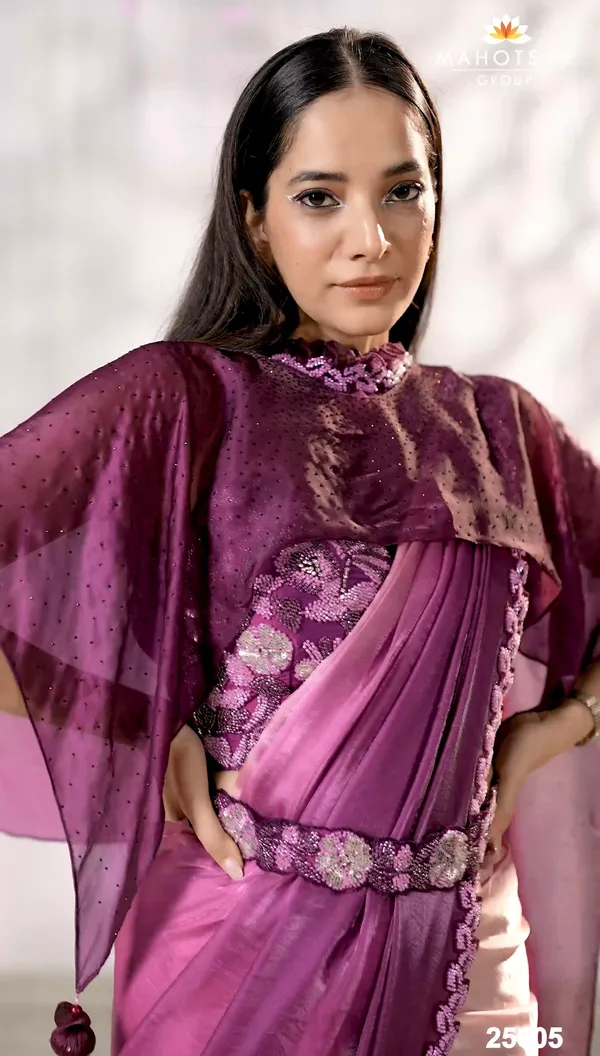 READY_TO_WEAR_TWO_TONE_SATIN_SILK_SAREE_WITH_BEADS_Work_READY_TO_WEAR_BLOUSE_&_Belt_WithFANCY_PONCHO