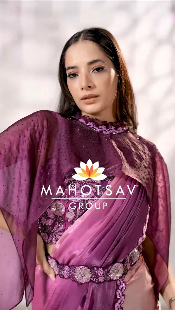READY_TO_WEAR_TWO_TONE_SATIN_SILK_SAREE_WITH_BEADS_Work_READY_TO_WEAR_BLOUSE_&_Belt_WithFANCY_PONCHO