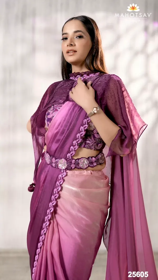 READY_TO_WEAR_TWO_TONE_SATIN_SILK_SAREE_WITH_BEADS_Work_READY_TO_WEAR_BLOUSE_&_Belt_WithFANCY_PONCHO
