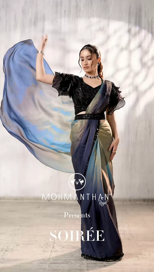 READY_TO_WEAR_TWO_TONE_SATIN_SILK_SAREE_WITH_BEADS_Work_READY_TO_WEAR_BLOUSE_&_Belt_With__Ruffle_Sleeves