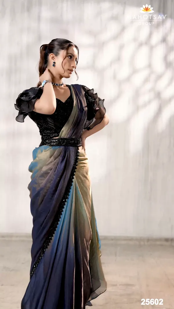READY_TO_WEAR_TWO_TONE_SATIN_SILK_SAREE_WITH_BEADS_Work_READY_TO_WEAR_BLOUSE_&_Belt_With__Ruffle_Sleeves