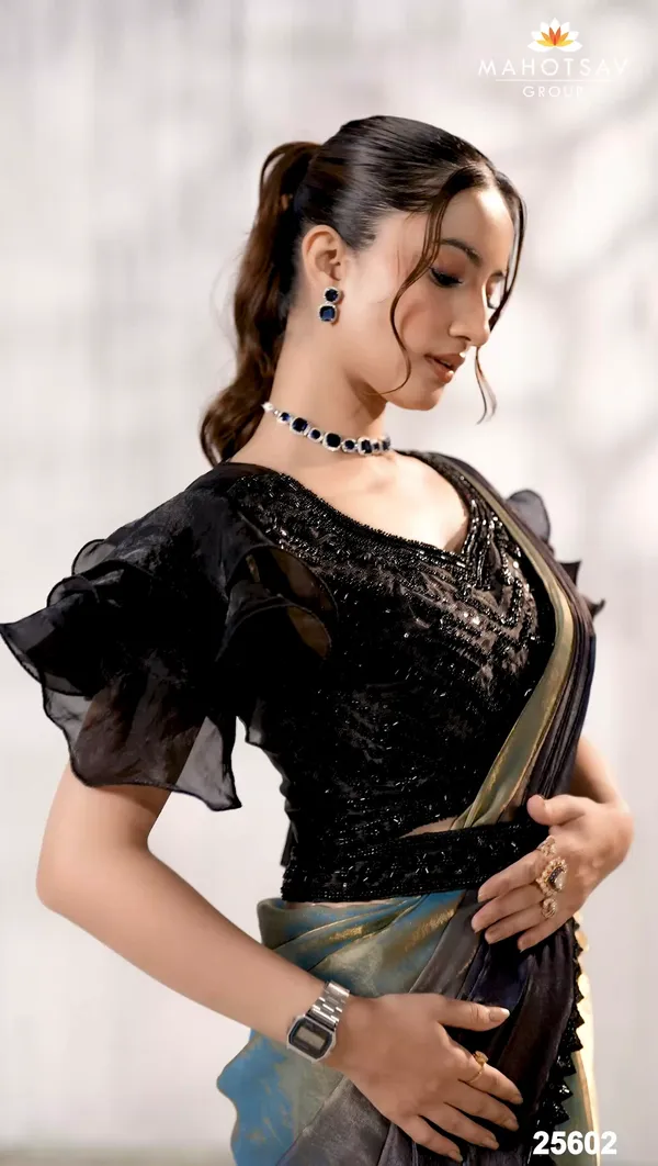 READY_TO_WEAR_TWO_TONE_SATIN_SILK_SAREE_WITH_BEADS_Work_READY_TO_WEAR_BLOUSE_&_Belt_With__Ruffle_Sleeves