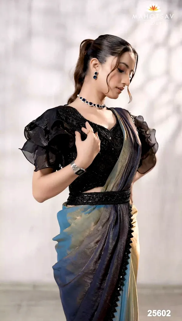 READY_TO_WEAR_TWO_TONE_SATIN_SILK_SAREE_WITH_BEADS_Work_READY_TO_WEAR_BLOUSE_&_Belt_With__Ruffle_Sleeves