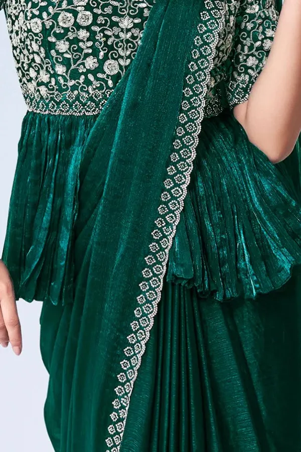 Ready_to_Wear_Saree_(STITCHED_BLOUSE)Green_Handwork_Shimmer_Chiffon_
