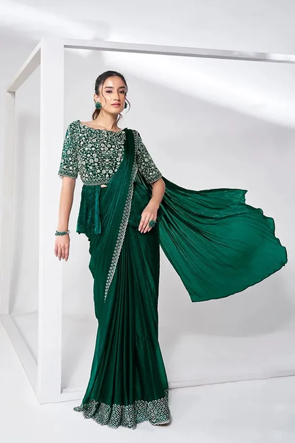 Ready_to_Wear_Saree_(STITCHED_BLOUSE)Green_Handwork_Shimmer_Chiffon_