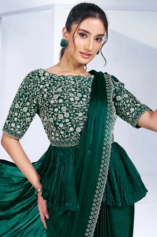 Ready_to_Wear_Saree_(STITCHED_BLOUSE)Green_Handwork_Shimmer_Chiffon_