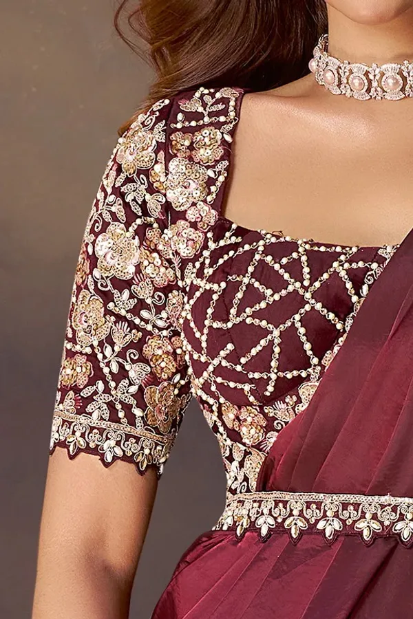 Ready_to_Wear_Saree_(STITCHED_BLOUSE)_Maroon_Two_Tone_Soft_Silk_Dual_Sequins_Embroidery
