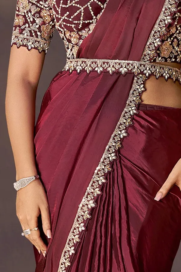 Ready_to_Wear_Saree_(STITCHED_BLOUSE)_Maroon_Two_Tone_Soft_Silk_Dual_Sequins_Embroidery
