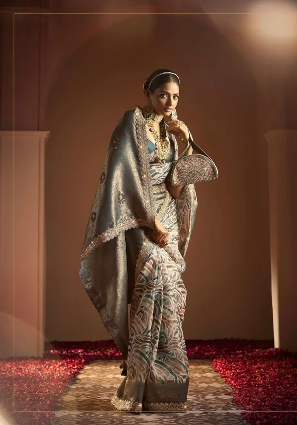 ORGANZA_SILK_SAREE_WITH__PARSI_ZARDOZI_WORK_,HEAVY_SAROSKI_&_MOTI_WORK_HANDMADE_CLUTCH_PURSE_WITH_EMBROIDERY_WAIST_BELT