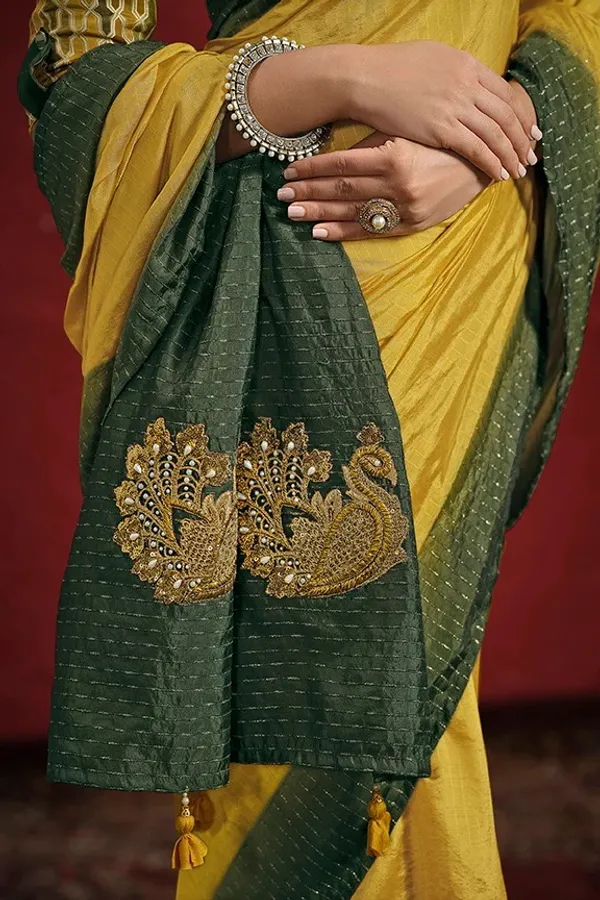 STITCHED_BLOUSE_|_Mustard_Green_Dolla_Silk_Upada_Silk_Pure_Hand_work_Saree