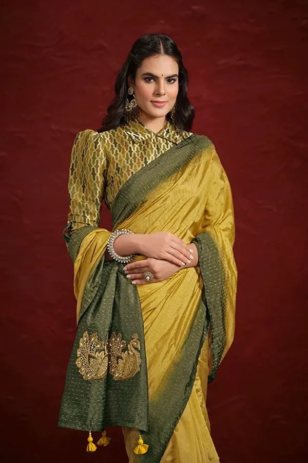 STITCHED_BLOUSE_|_Mustard_Green_Dolla_Silk_Upada_Silk_Pure_Hand_work_Saree