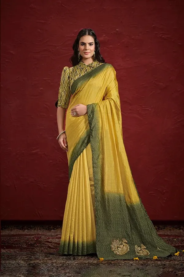 STITCHED_BLOUSE_|_Mustard_Green_Dolla_Silk_Upada_Silk_Pure_Hand_work_Saree