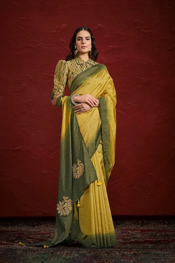 STITCHED_BLOUSE_|_Mustard_Green_Dolla_Silk_Upada_Silk_Pure_Hand_work_Saree
