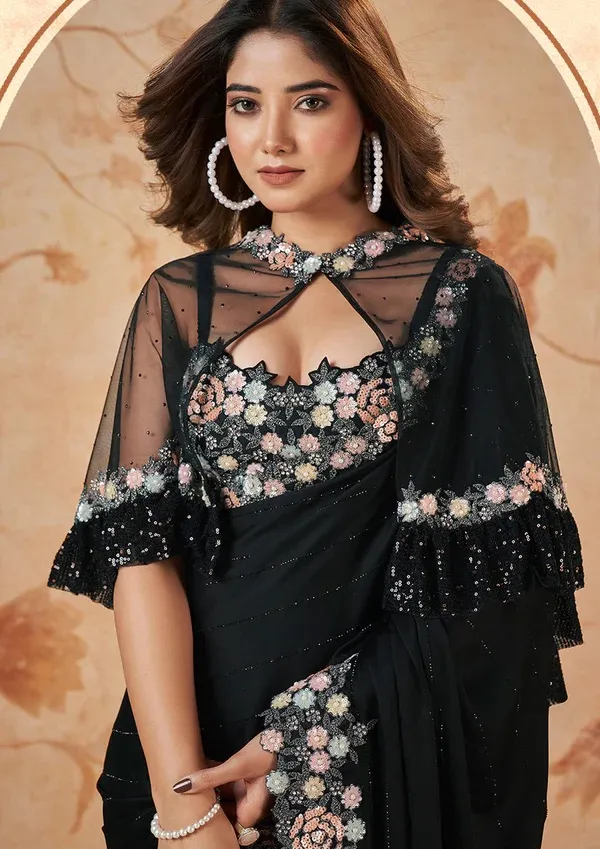 CRAPE_SATIN_SILK_SAREE_WITH_HAND_WORK_With_Fancy_Poncho