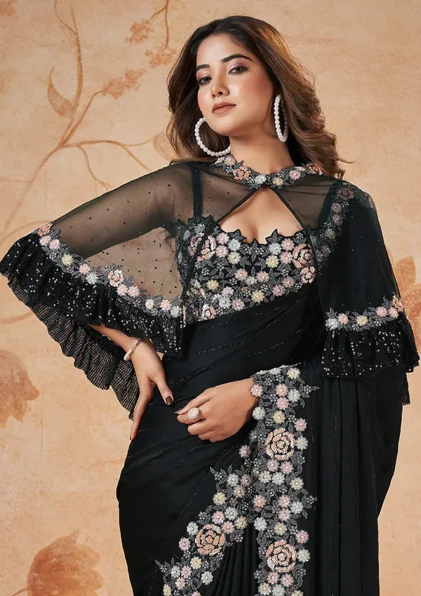 CRAPE_SATIN_SILK_SAREE_WITH_HAND_WORK_With_Fancy_Poncho