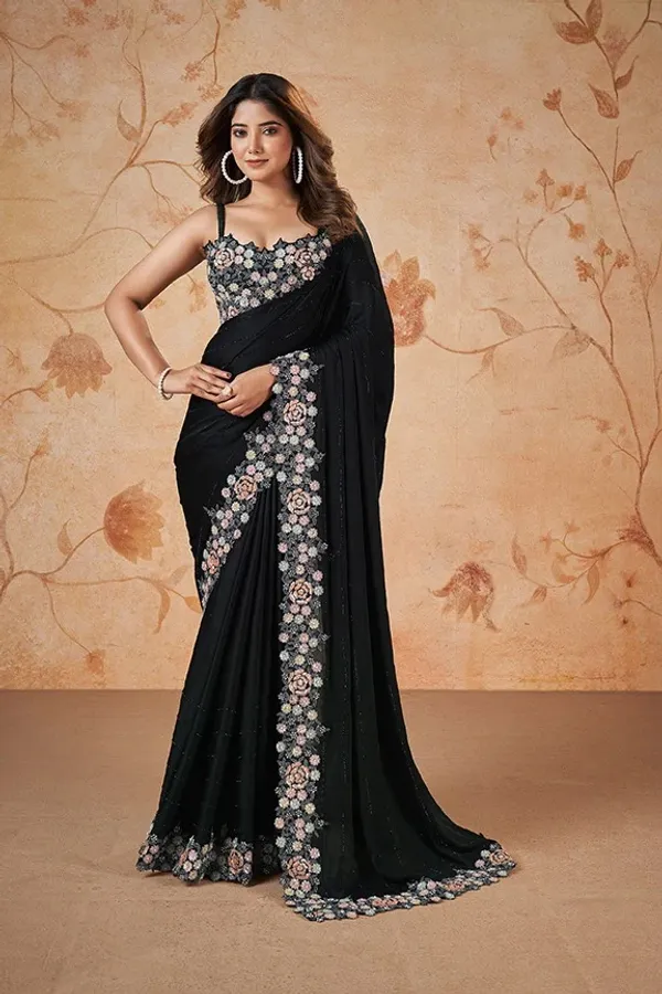 CRAPE_SATIN_SILK_SAREE_WITH_HAND_WORK_With_Fancy_Poncho