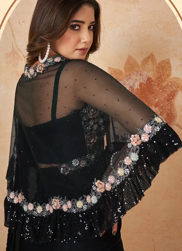 CRAPE_SATIN_SILK_SAREE_WITH_HAND_WORK_With_Fancy_Poncho
