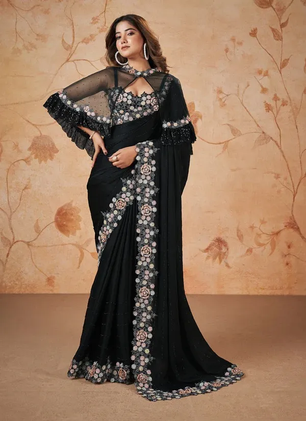 CRAPE_SATIN_SILK_SAREE_WITH_HAND_WORK_With_Fancy_Poncho