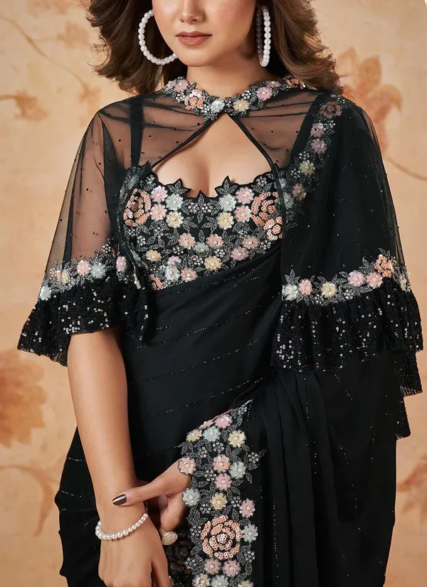 CRAPE_SATIN_SILK_SAREE_WITH_HAND_WORK_With_Fancy_Poncho