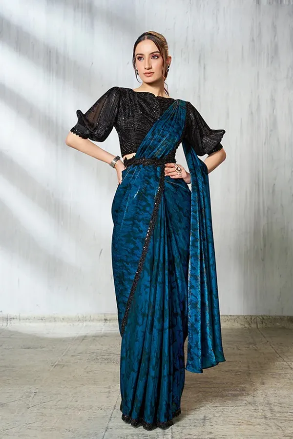 READY_TO_WEAR_TWO_TONE_SATIN_SILK_SAREE_WITH_BEADS_Work_READY_TO_WEAR_BLOUSE_&_Belt_With_Crushed_Sleeves