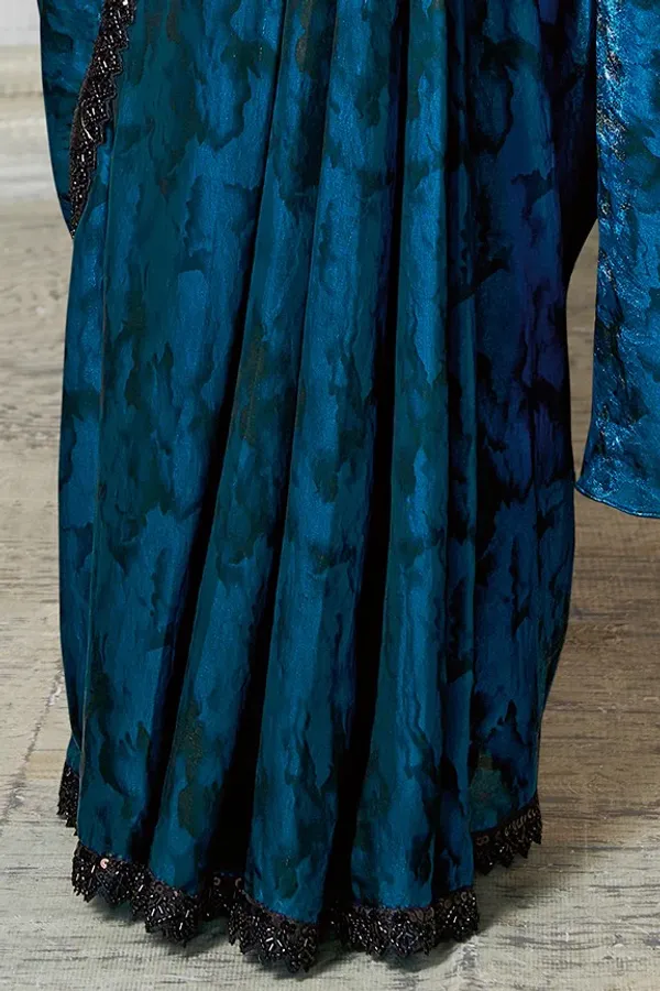 READY_TO_WEAR_TWO_TONE_SATIN_SILK_SAREE_WITH_BEADS_Work_READY_TO_WEAR_BLOUSE_&_Belt_With_Crushed_Sleeves